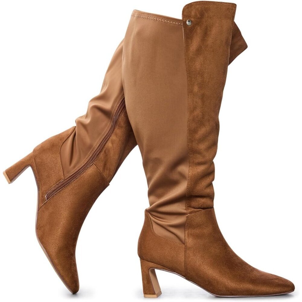 Women's Tan Suede Wide Calf 2 Inch Heel Knee High Dress Boots